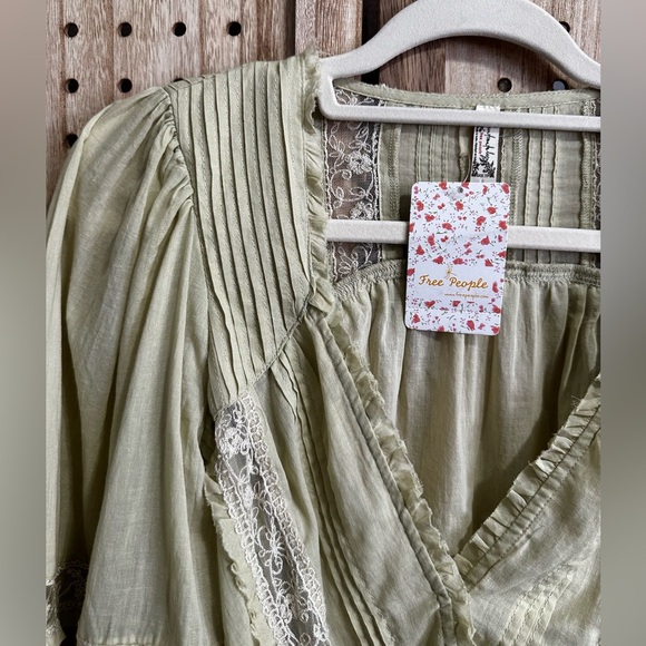 Free People Sage Mint Green Eloise Bodysuit Blouse Lace Pleated Balloon Sleeves - Picture 6 of 10